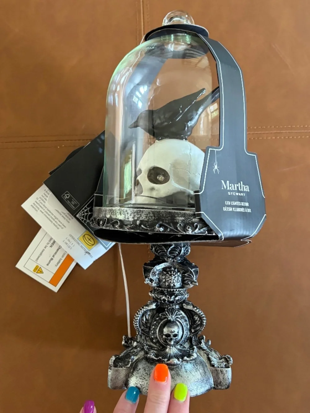 Martha Stewart Halloween Cloche Light Up Skull Raven Pedestal NWT spooky decor